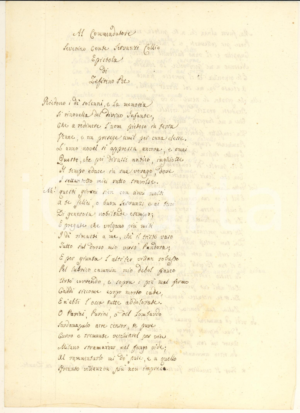 Autografo originale 1859 FERMO Zeffirino RE  Epistola in versi per il Buon Anno Autografo 1