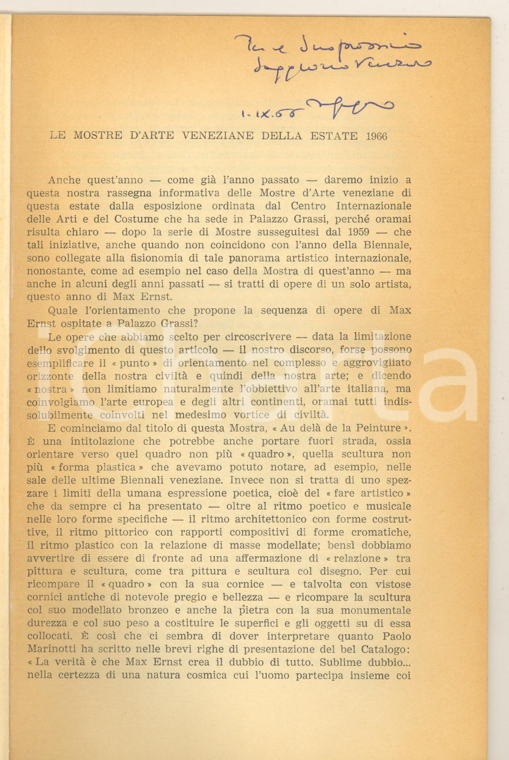 Libro, pubblicazione d epoca 1966 Maria Luisa GENGARO Mostre d arte veneziane della estate 1966 Autografo 1