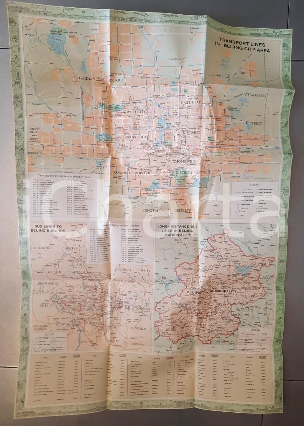 Mappa, planimetria storica 1970 ca CHINA  Tourist Map of Beijing VINTAGE 50x72 cm 1