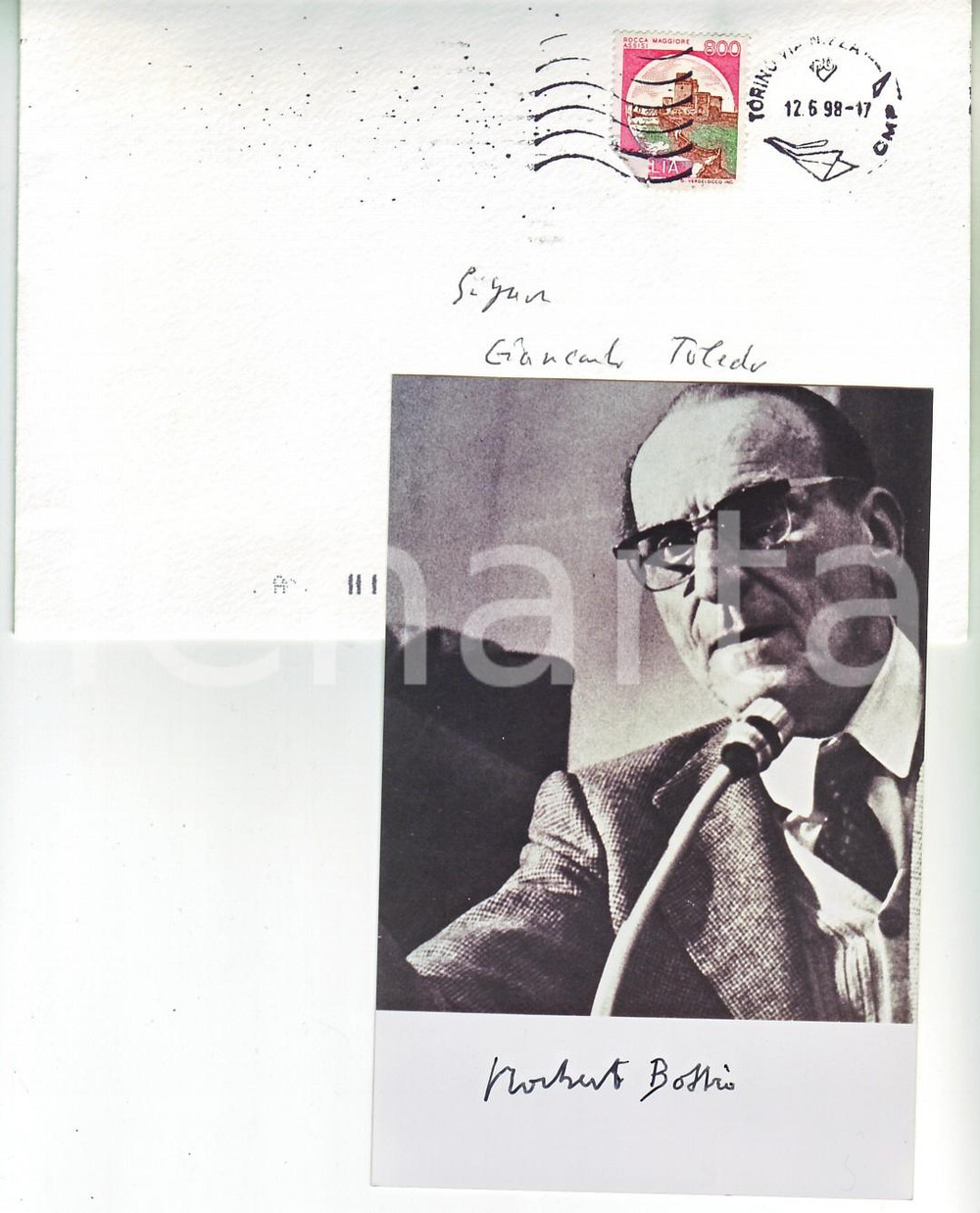 Autografo originale 1998 Norberto BOBBIO Autografo originale su fotografia 1