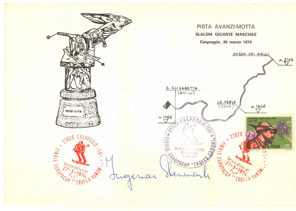 Autografo originale 1974 SCI CASPOGGIO SO Ingemar STENMARK  Autografo su biglietto FILATELIA FDC 1
