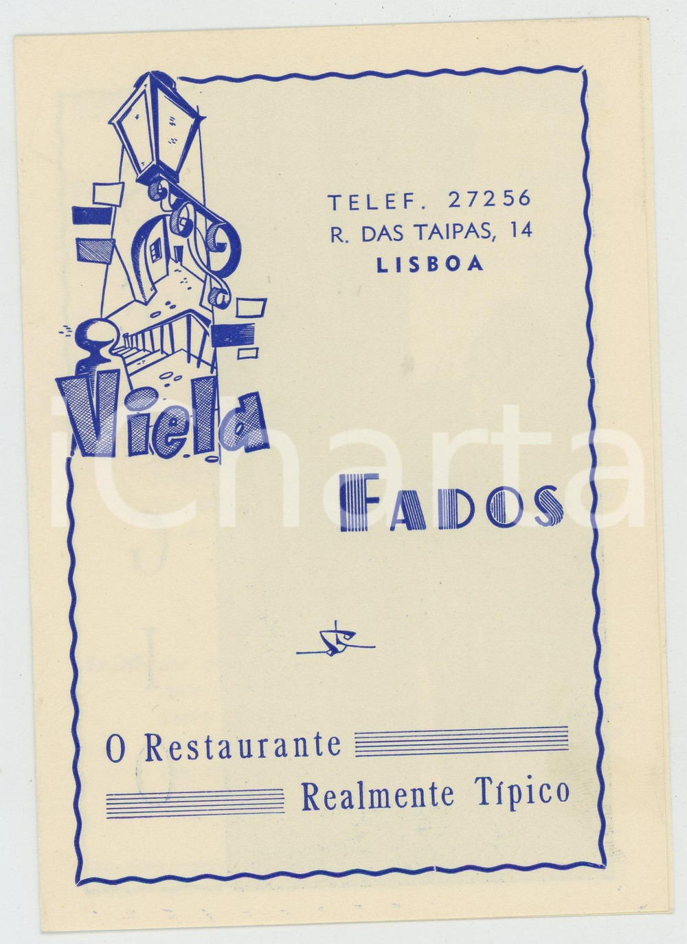 Materiale pubblicitario d’epoca 1950 ca LISBOA Restaurante VIELA FADOS Realmente tipico Dépliant pubblicitario 1