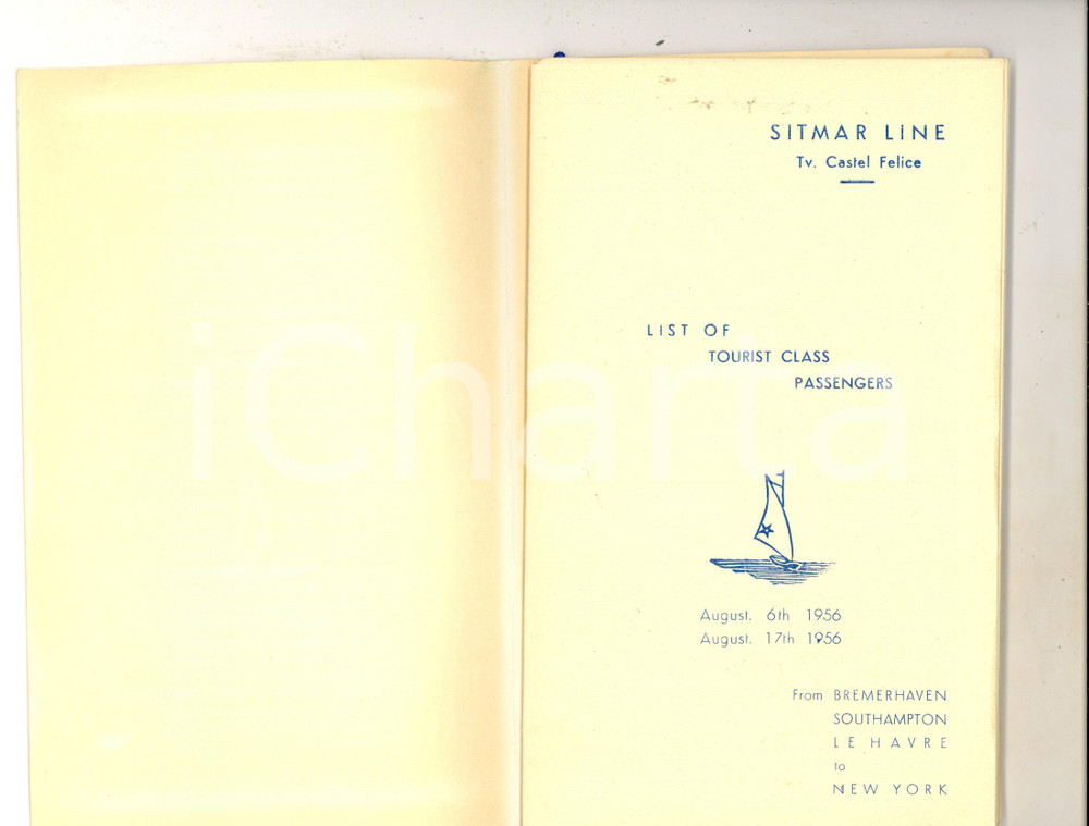 Materiale pubblicitario d’epoca 1956 SITMAR LINE S/S CASTEL FELICE Passenger list BREMERHAVENNEW YORK 1