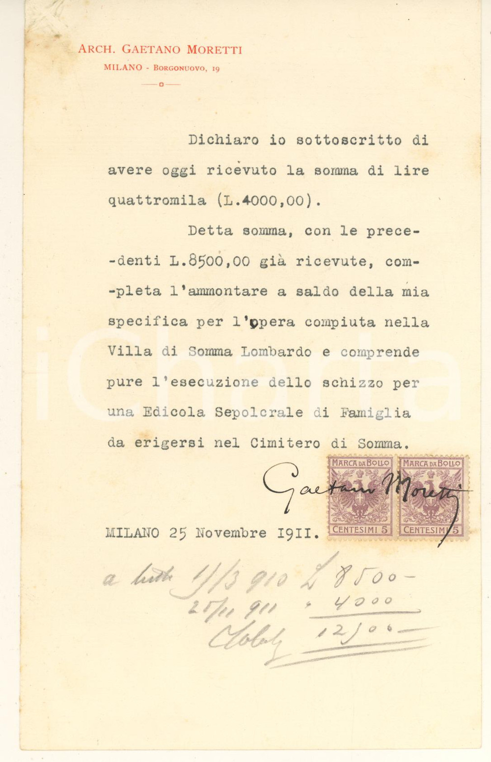 Autografo originale 1911 MILANO Arch. Gaetano MORETTI  Ricevuta lavoro Somma Lombardo Autografo 1