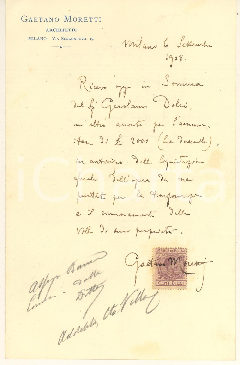 Autografo originale 1908 MILANO Arch. Gaetano MORETTI  Ricevuta lavoro Villa Dolci Autografo 1