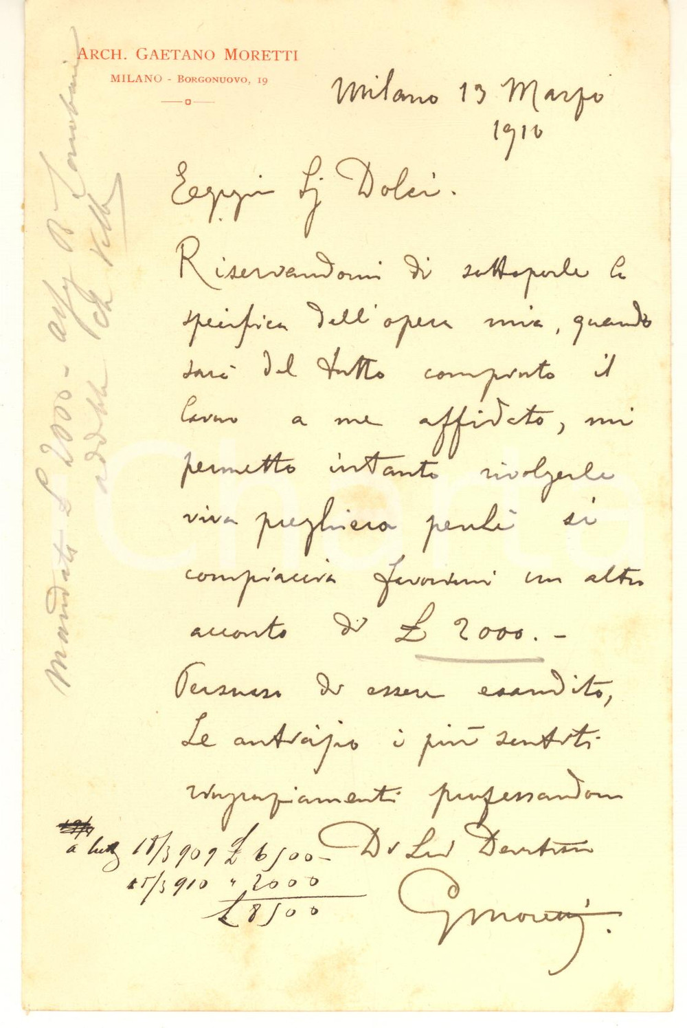 Autografo originale 1910 MILANO Arch. Gaetano MORETTI chiede acconto per un lavoro  Autografo 1