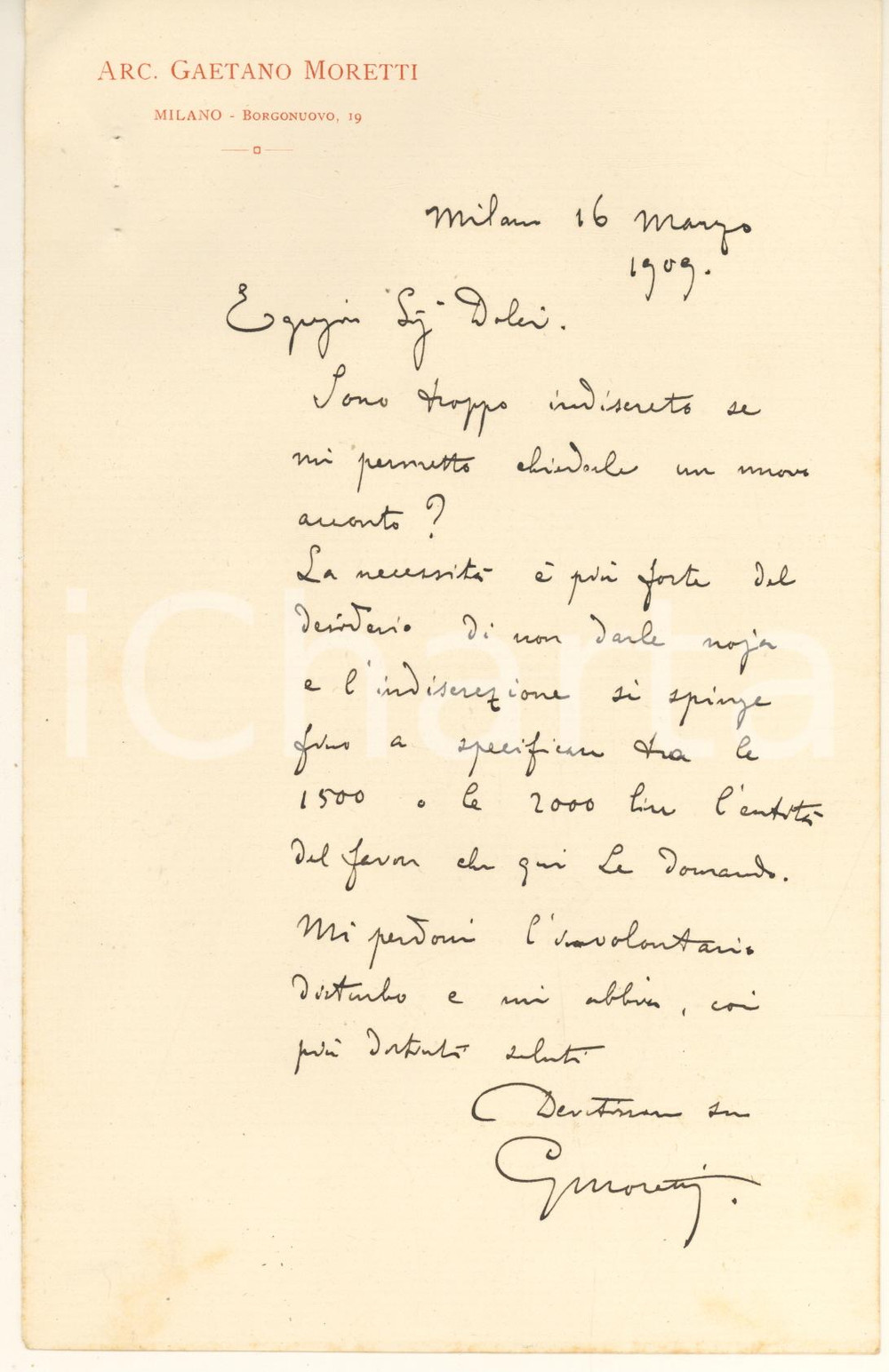 Autografo originale 1909 MILANO Lettera arch. Gaetano MORETTI Necessità di un acconto Autografo 1