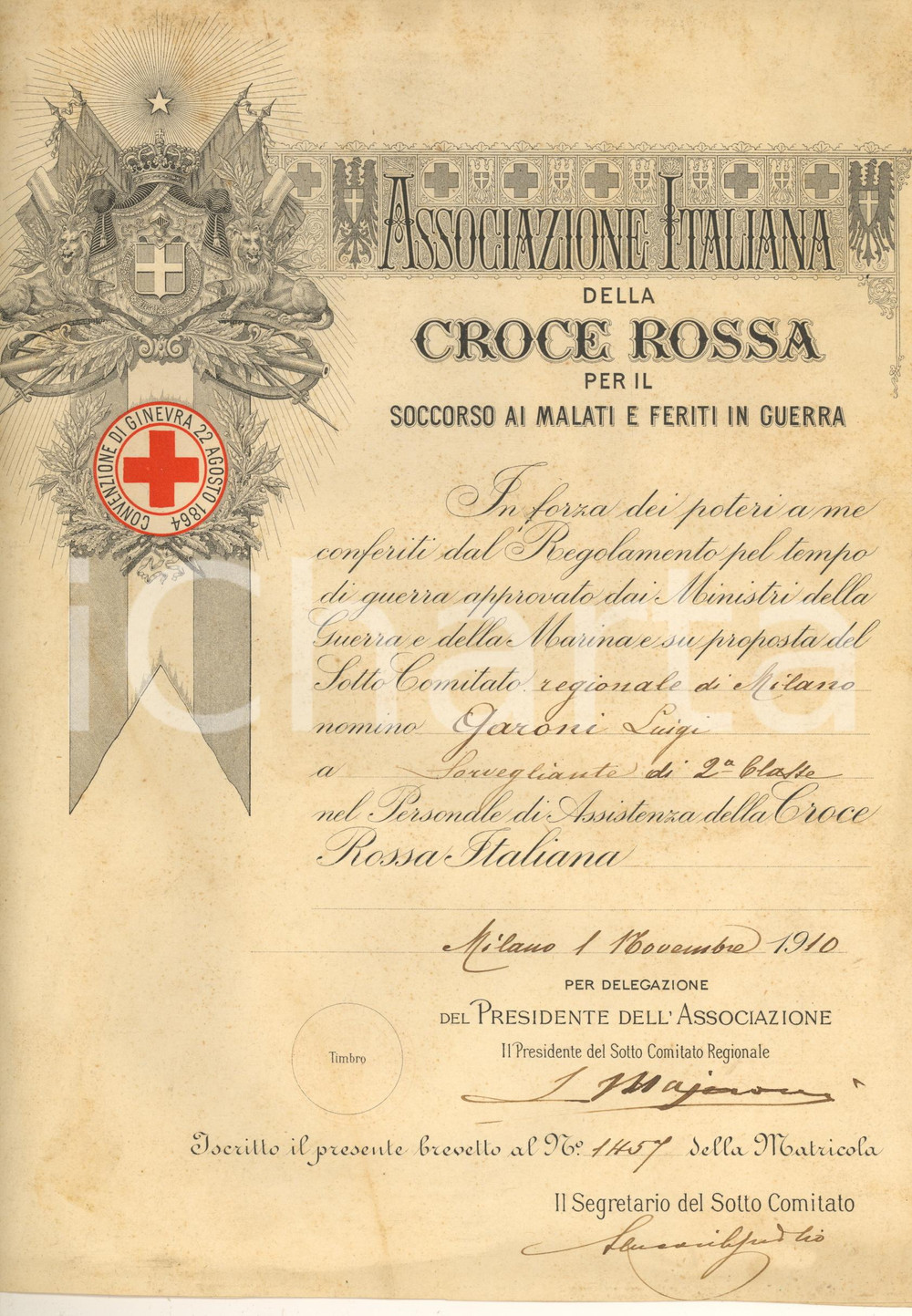 Documento originale, autentico 1910 MILANO CROCE ROSSA Decreto nomina Luigi GARONI sorvegliante 2 classe 1