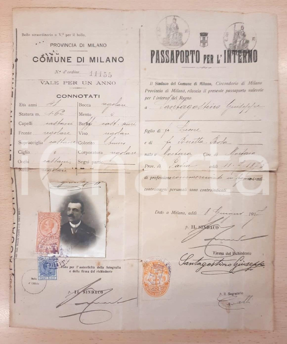 Documento originale, autentico 1917 REGNO D ITALIA MILANO Passaporto per l interno di Giuseppe SANTAGOSTINO 1