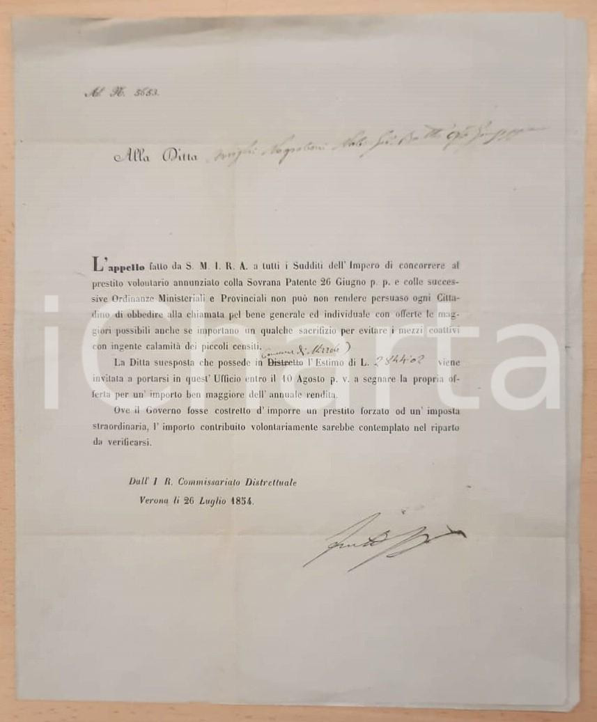 Documento originale, autentico 1854 VERONA Lettera prestito volontario  Sudditi dell Impero austroungarico 1