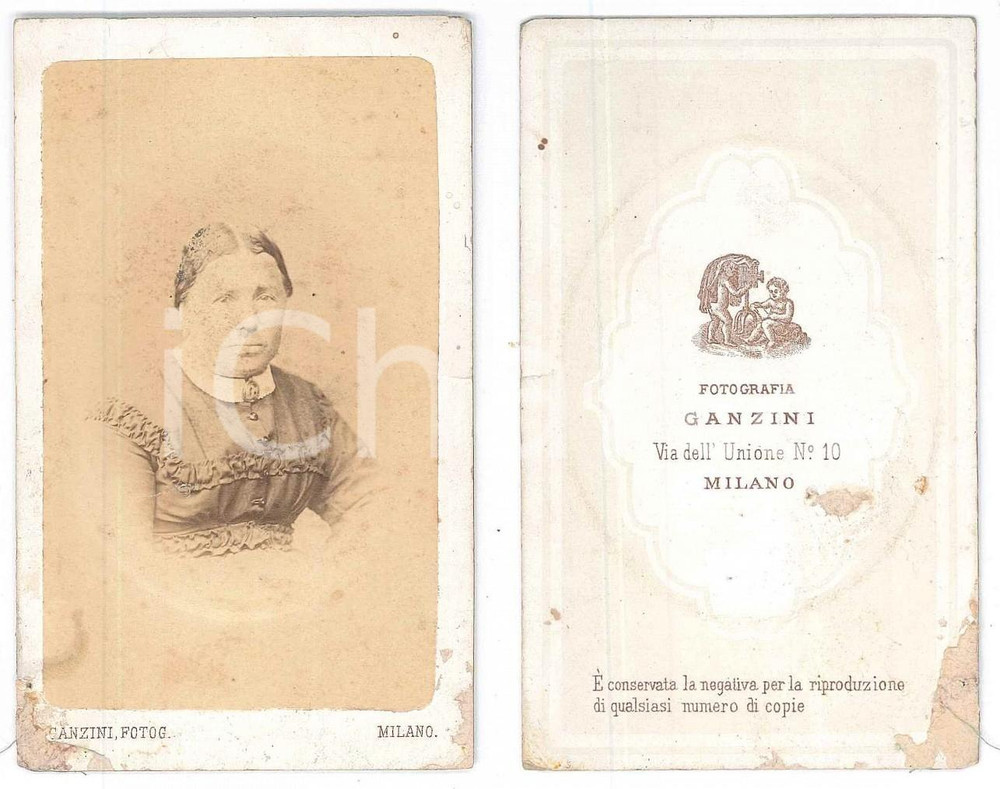 Fotografia d epoca originale 1870 ca MILANO Ritratto di donna  Busto  Foto G. B. GANZINI CDV 1