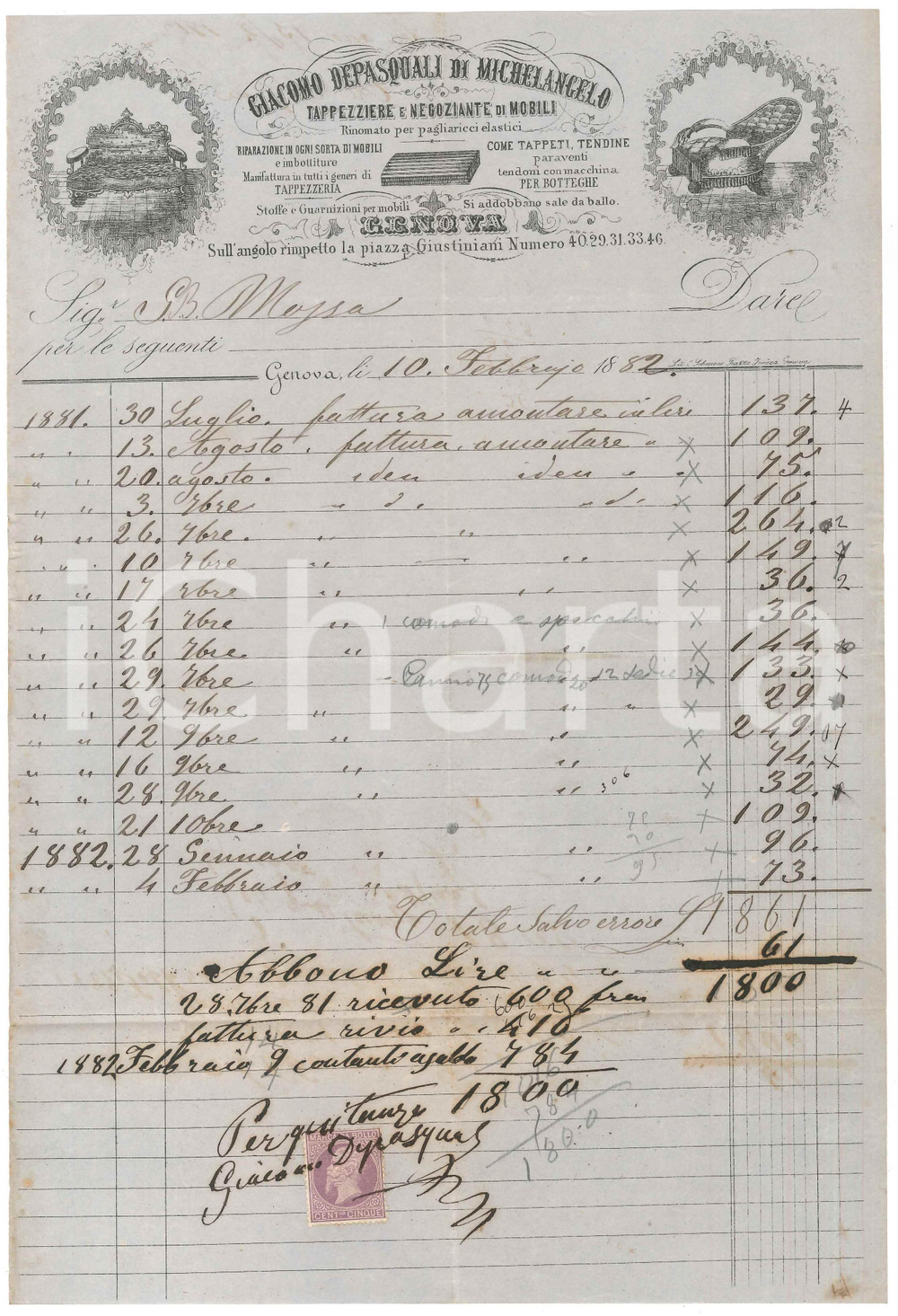 Documento originale, autentico 1882 GENOVA Giacomo DEPASQUALI DI MICHELANGELO Tappezziere  Fattura 1