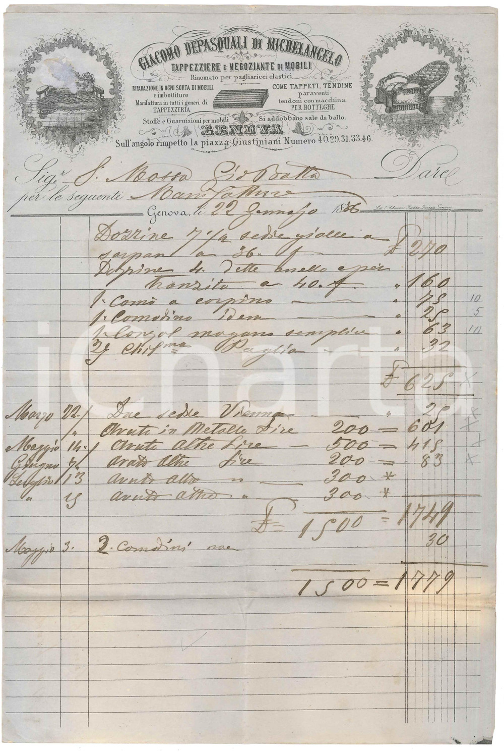 Documento originale, autentico 1886 GENOVA Giacomo DEPASQUALI DI MICHELANGELO Tappezziere  Fattura mobili 3 1