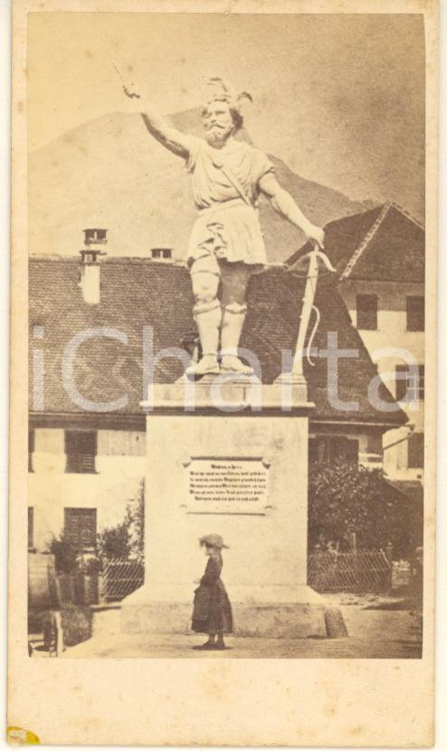Fotografia d epoca originale 1870 ca ALTDORF SVIZZERA Statua di Guglielmo Tell  Foto animata CDV 1