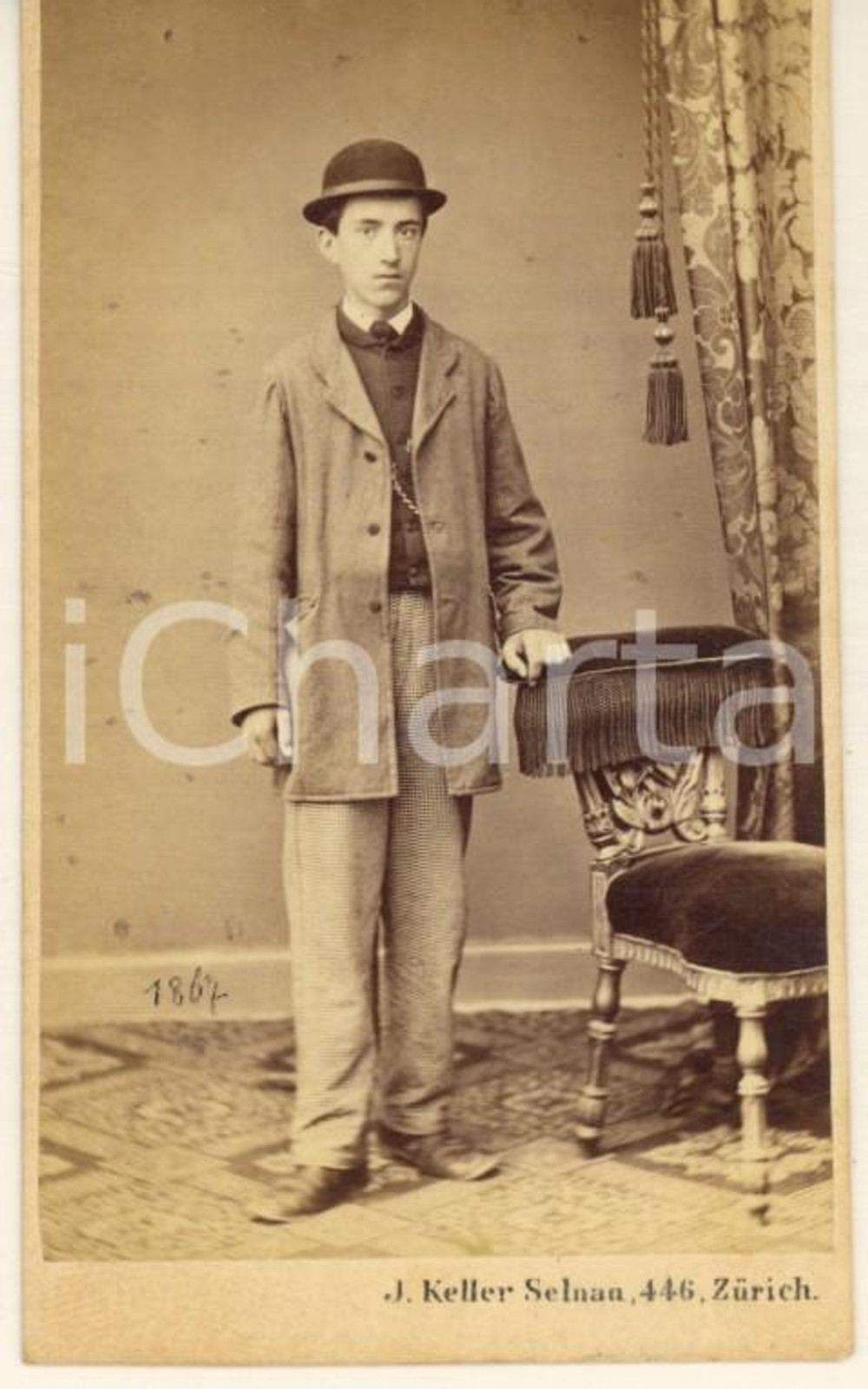 Fotografia d epoca originale 1870 ca ZURICH SVIZZERA Ritratto di giovane uomo Foto CDV J. KELLER 1