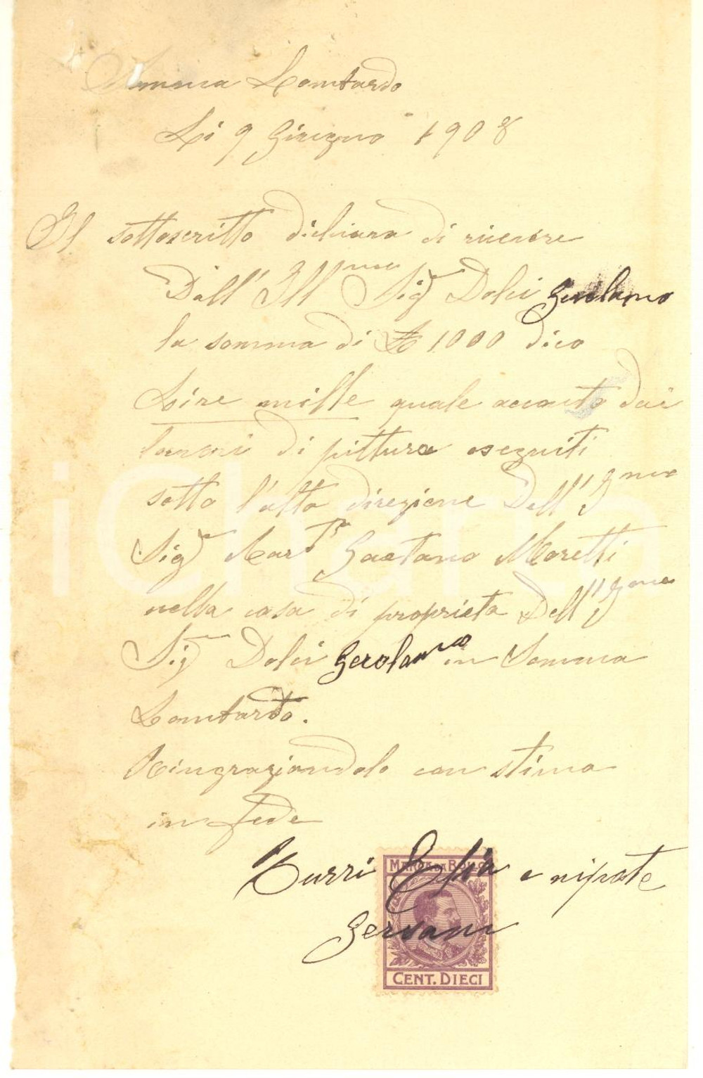 Documento originale, autentico 1908 SOMMA LOMBARDO Ricevuta Elia Burri per lavori di pittura a Villa Dolci 1