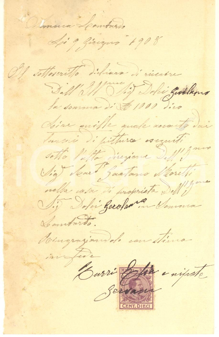 Documento originale, autentico 1908 SOMMA LOMBARDO Ricevuta Elia Burri per lavori di pittura a Villa Dolci 1