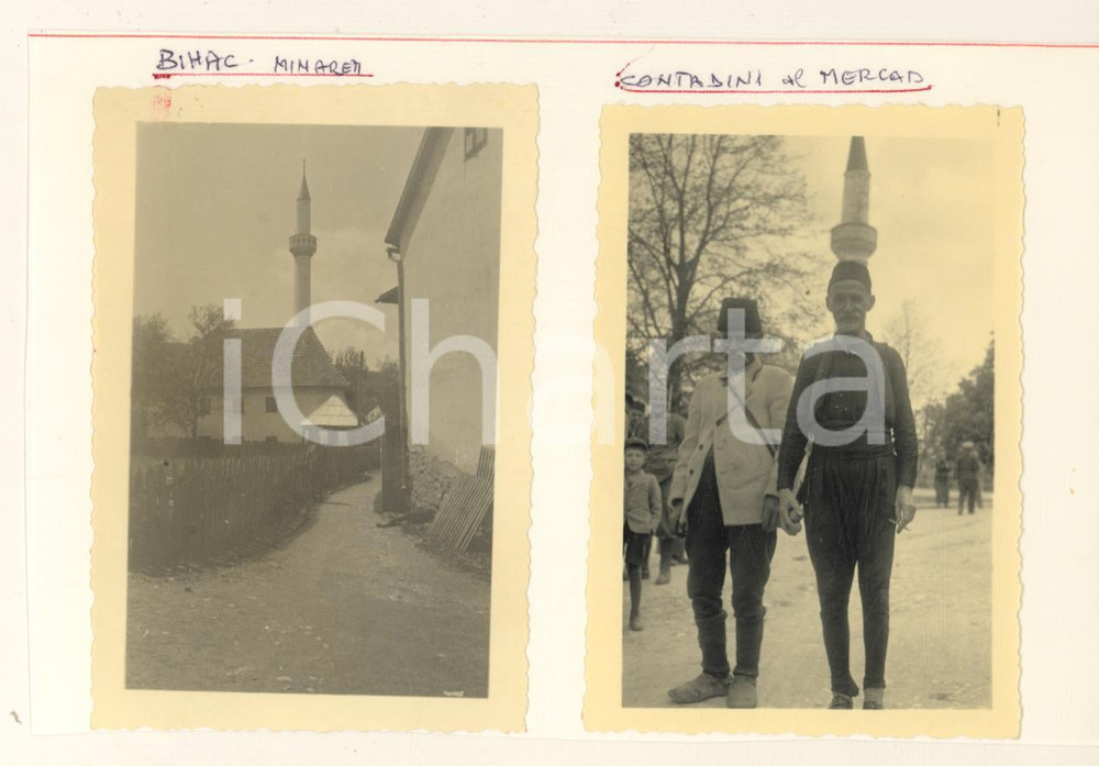 Fotografia d epoca originale 1941 WW2 BIHAC BOSNIA Minareti  Contadini al mercato Foto COSTUME 9x6 cm 1
