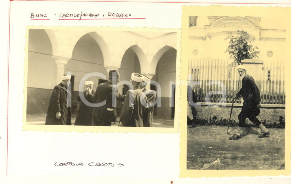 Fotografia d epoca originale 1941 WW2 BIHAC BOSNIA Sinagoga e rabbino  Contadino croato Foto COSTUME 9x6 cm 1