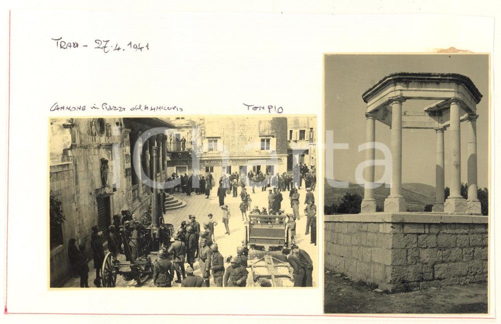Fotografia d epoca originale 1941 WW2 TRAU  DALMAZIA Cannone in Piazza del Municipio  Tempio Foto 9x6 cm 1