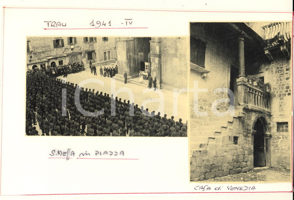 Fotografia d epoca originale 1941 WW2 TRAU  DALMAZIA Messa in Piazza del Municipio  Casa Foto 9x6 cm 1