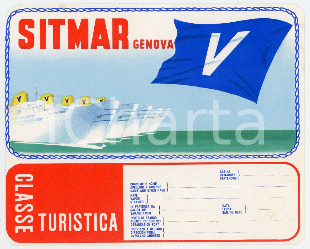 Materiale pubblicitario d’epoca 1950 ca SITMAR GENOVA Etichetta adesiva bagagli viaggiatori in classe turistica 1