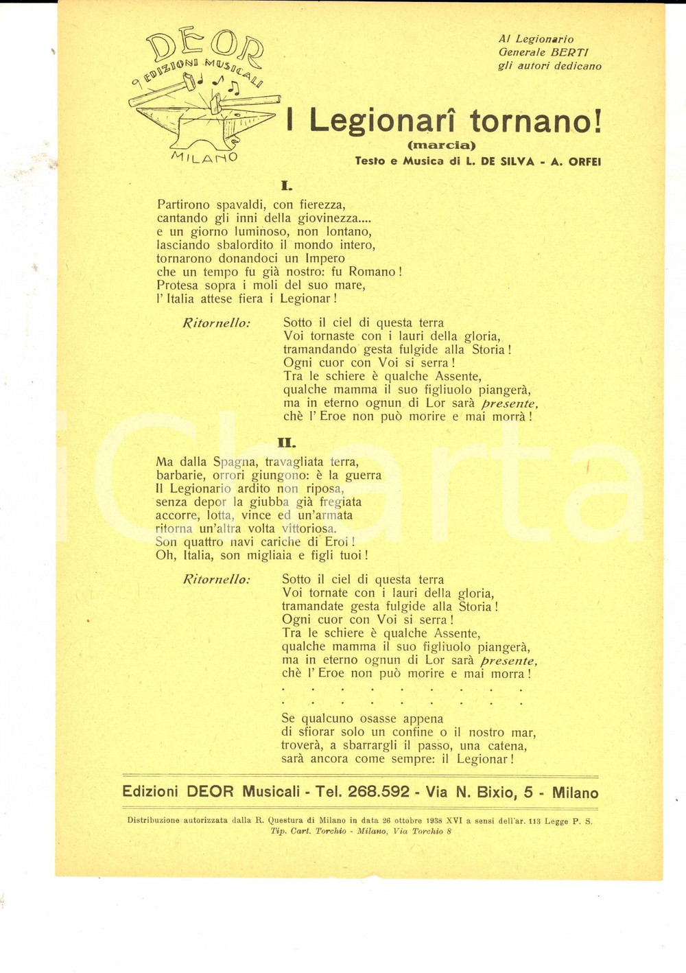 Oggetto da collezione cartaceo 1938 L. DE SILVA  A. ORFEI I Legionari tornano! marcia Volantino canzone 1
