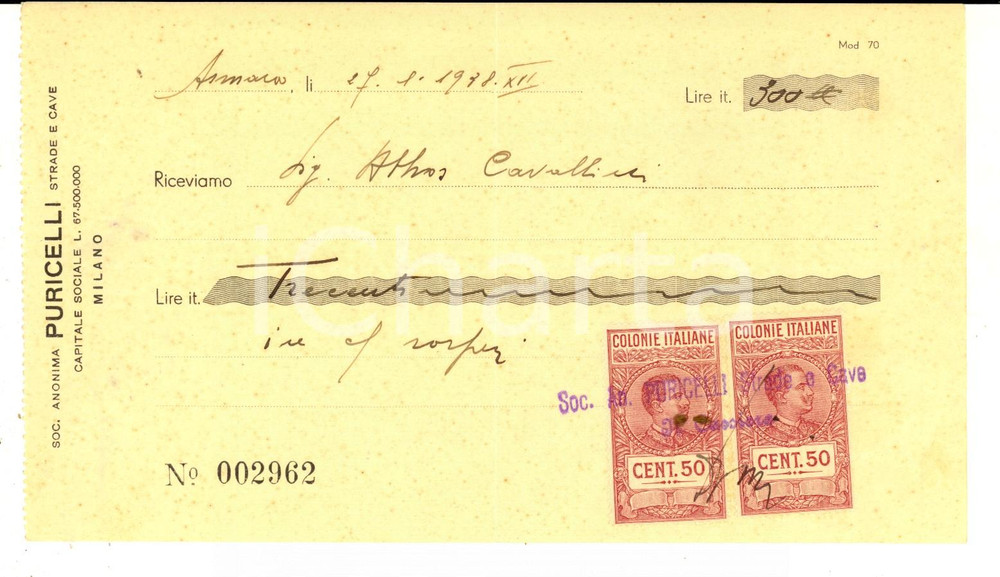 Documento originale, autentico 1938 AOI ASMARA Società Anonima PURICELLI Assegno pubblicitario con bolli 1