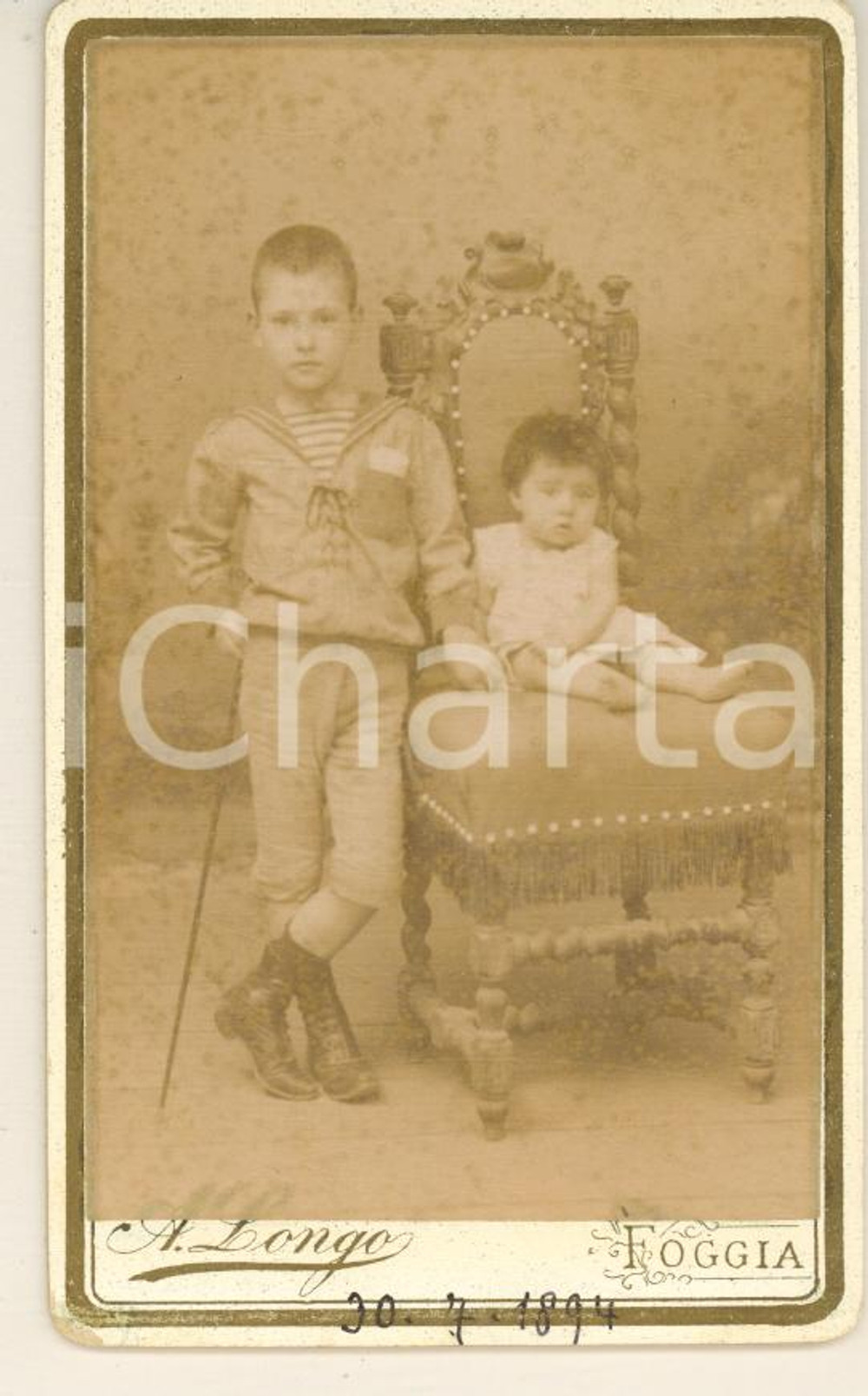 Fotografia d epoca originale 1894 FOGGIA Ritratto Guglielmo e Ida LORETZ bambini  Foto Achille LONGO CDV 1