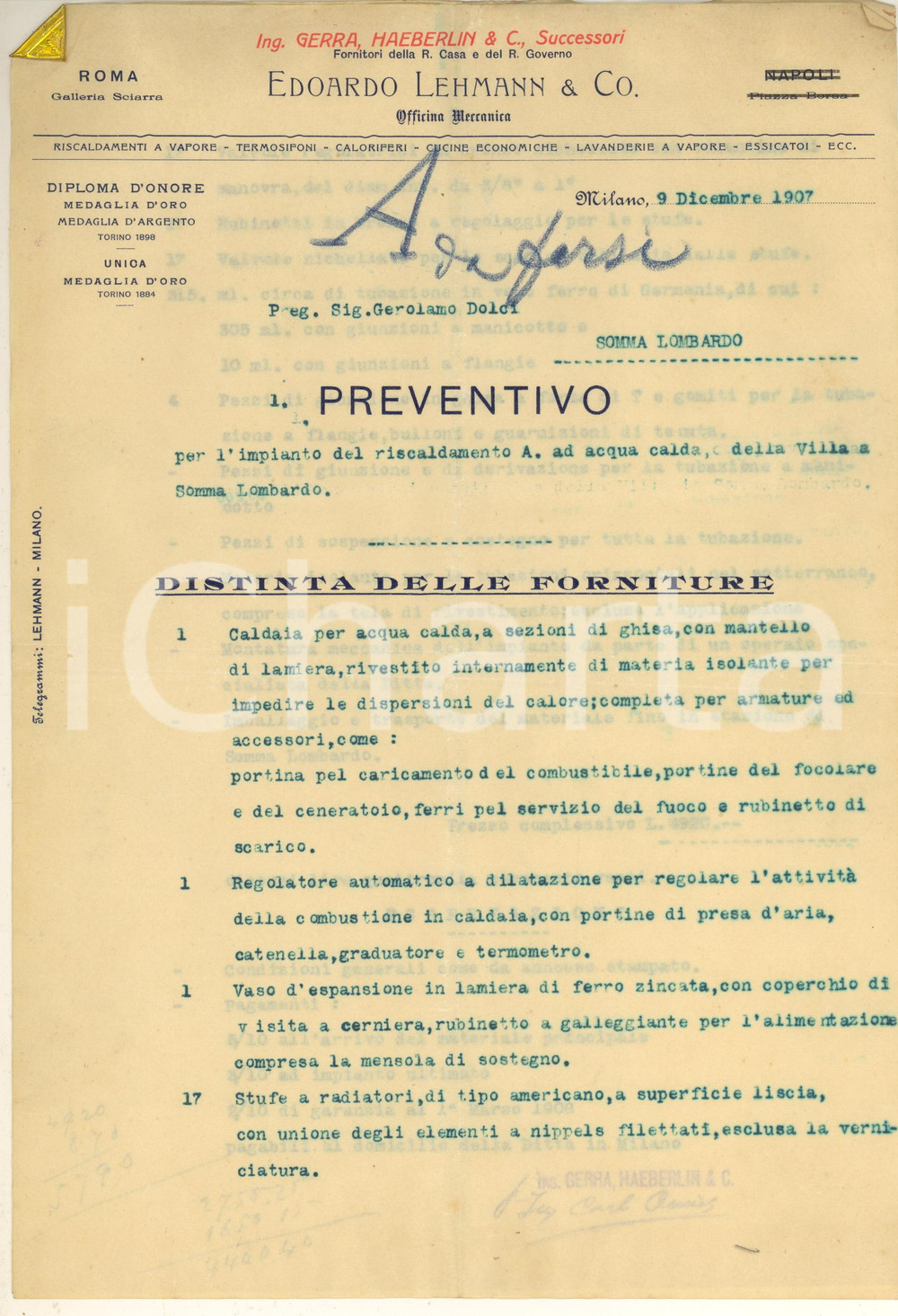 Documento originale, autentico 1907 MILANO Edoardo LEHMANN / Ing. GERRA  Preventivo impianto riscaldamento 1