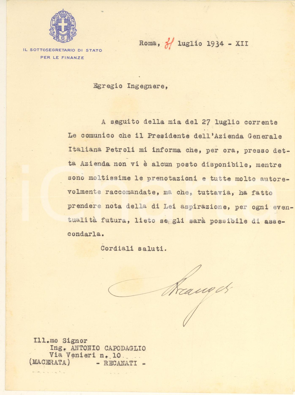 Autografo originale 1934 ROMA Lettera Ageo ARCANGELI  Sottosegretario Finanze Autografo 1