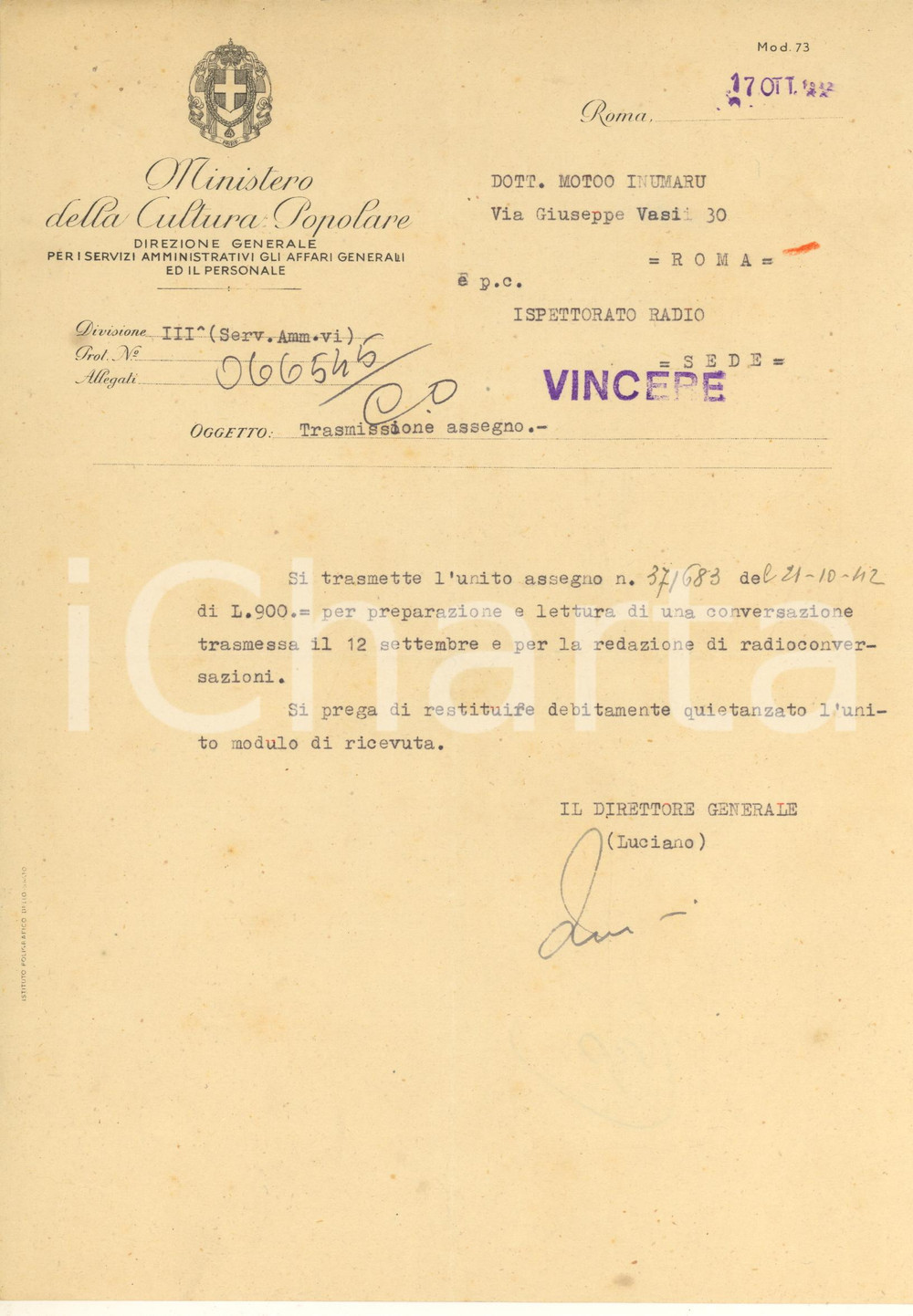 Autografo originale 1942 ROMA Ministero della Cultura Popolare  Lettera Celso LUCIANO Autografo 1