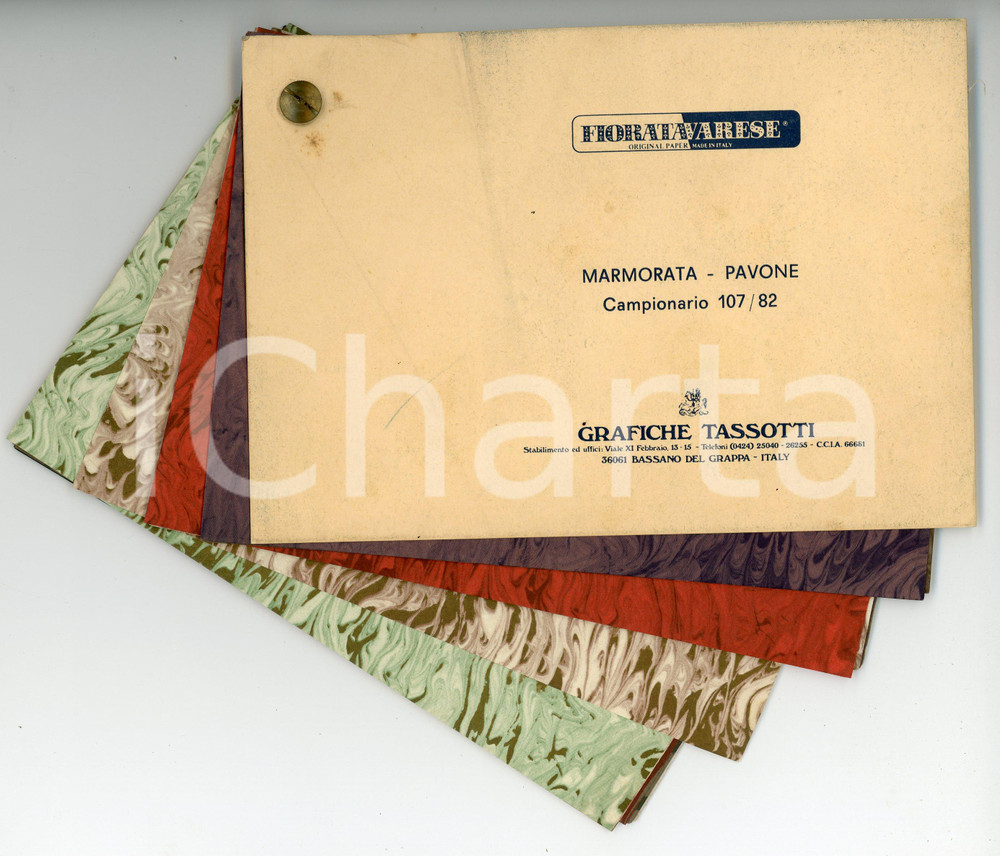 Materiale pubblicitario d’epoca 1960 ca BASSANO DEL GRAPPA Grafiche TASSOTTI Campionario FIORATA VARESE Pavone 1