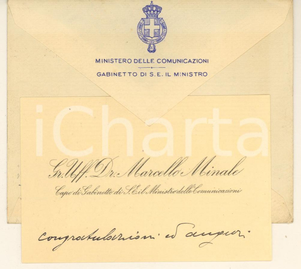 Autografo originale 1929 Ministero delle Comunicazioni  Biglietto Marcello MINALE  Autografo 1