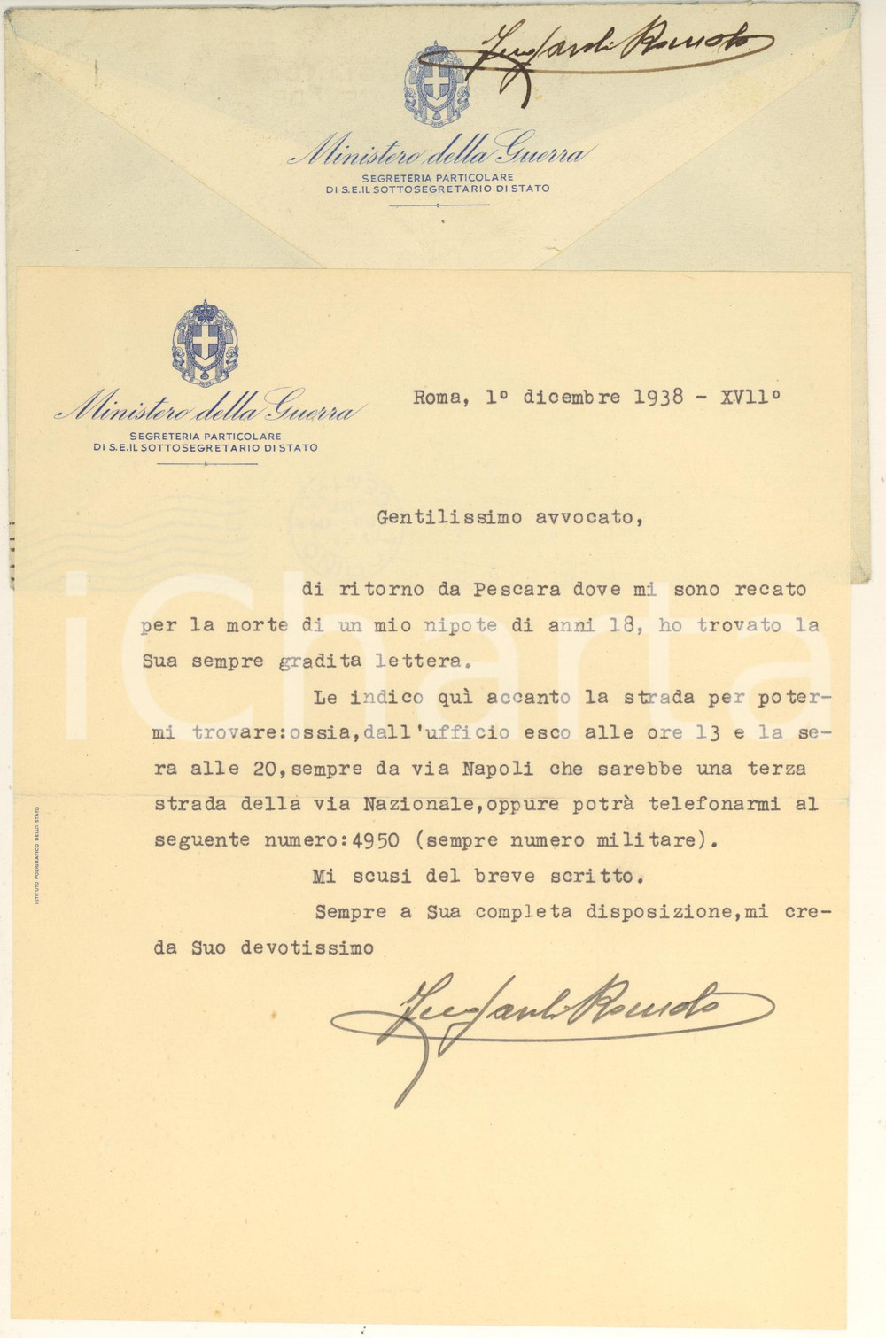 Autografo originale 1938 ROMA Ministero della Guerra  Lettera Romolo FUGAROLI Autografo 1