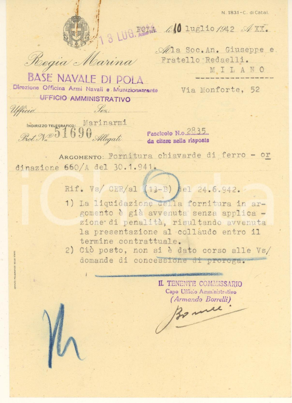 Autografo originale 1942 WW2 Regia Marina POLA  Lettera ten. BORRELLI fornitura chiavarde in ferro 1