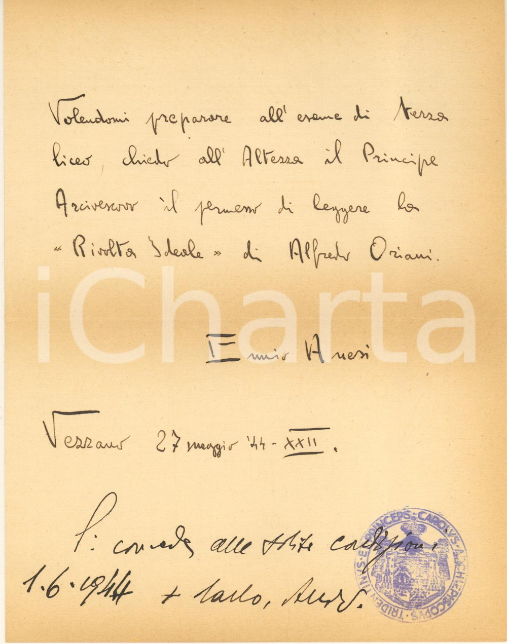 Autografo originale 1944 VEZZANO TN Lettera Ennio ANESI  Autografo mons. Carlo DE FERRARI 1