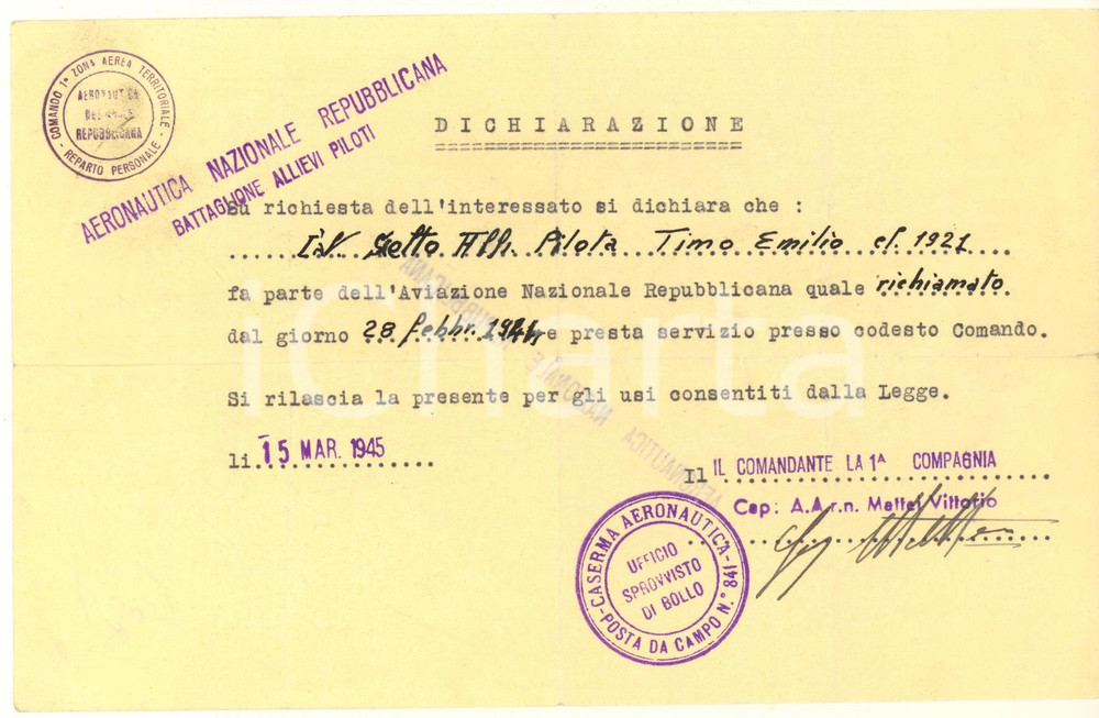 Documento originale, autentico 1945 WW2 RSI Aeronautica Nazionale Repubblicana  Emilio TIMO allievo pilota 1