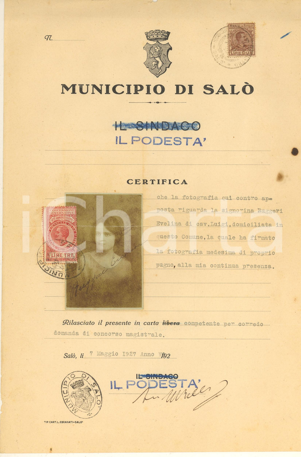 Documento originale, autentico 1927 SALO  BS Certificato di autenticità  Vera fotografia Evelina RUGGERI 1