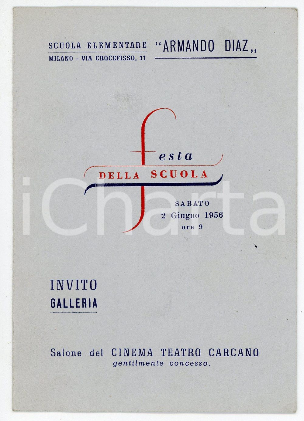 Oggetto da collezione cartaceo 1956 MILANO  TEATRO CARCANO Festa scuola elementare Armando Diaz  Programma 1