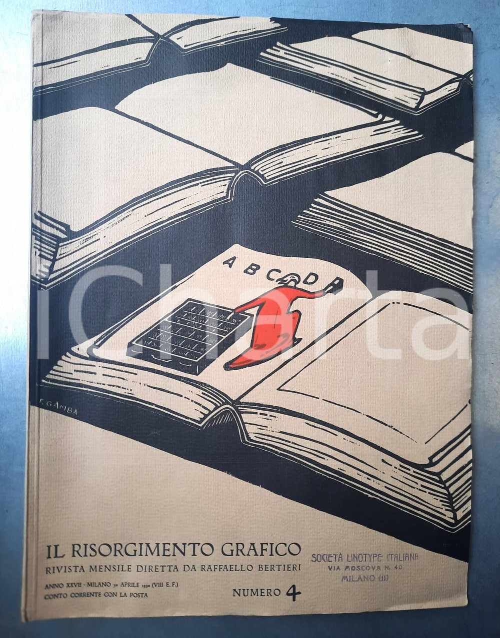 Giornale, rivista storica 1930 IL RISORGIMENTO GRAFICO Cartello murale Rivista n° 4 LINOTYPE ITALIANA 1
