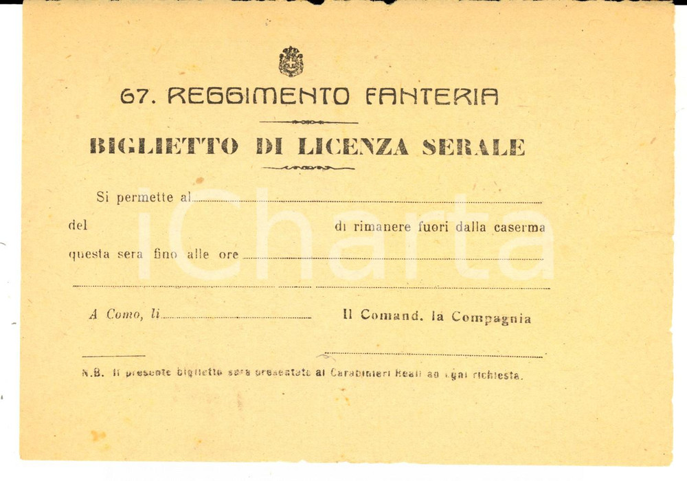 Oggetto da collezione cartaceo 1920 ca COMO 67° Reggimento Fanteria  Biglietto licenza serale NON COMPILATO 1