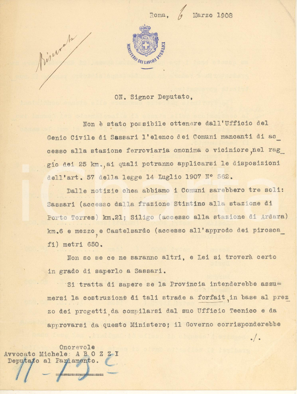 Documento originale, autentico 1908 ROMA Ministero Lavori Pubblici  Lettera su accesso stazioni in Sardegna 1