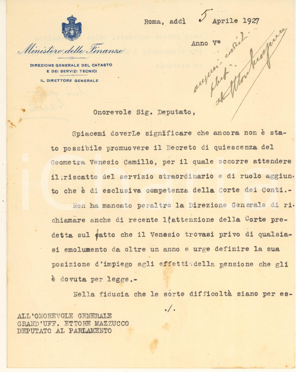 Autografo originale 1927 ROMA Lettera Ministero delle Finanze  Autografo Ettore MAZZUCCO 1