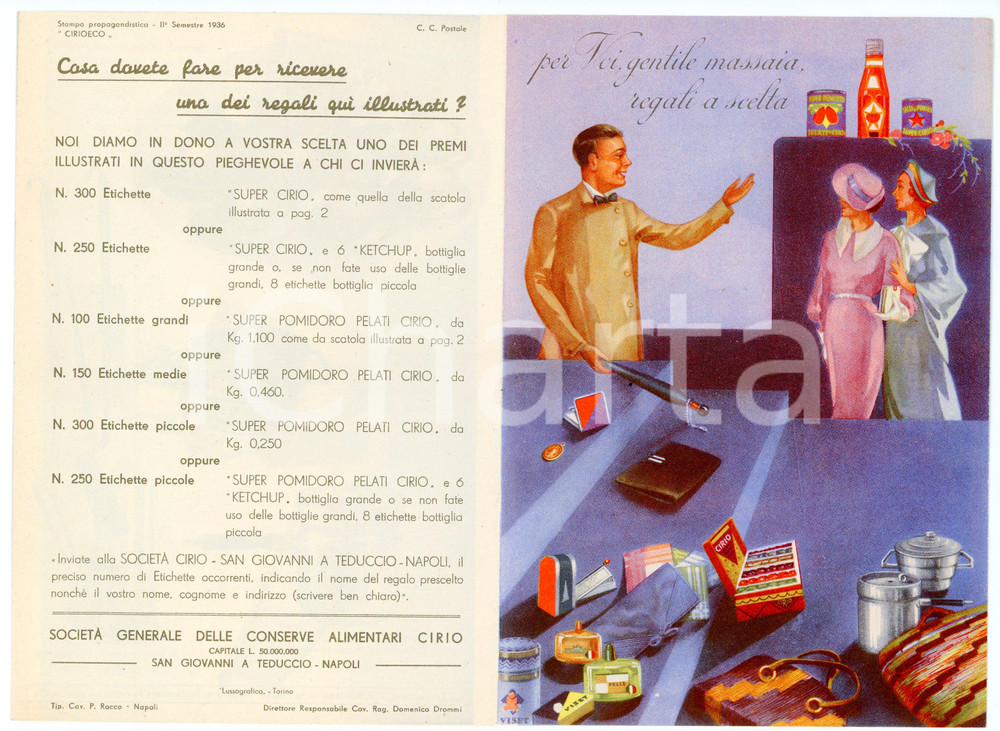 Oggetto da collezione cartaceo 1936 SAN GIOVANNI A TEDUCCIO Società CIRIO Raccolta premi con invio etichette 1