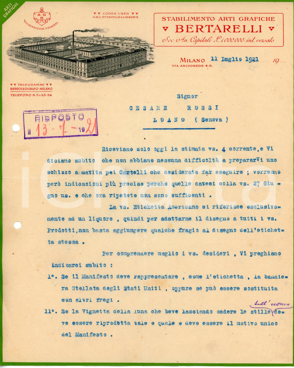 Oggetto da collezione cartaceo 1921 MILANO Arti grafiche BERTARELLI Lettera per manifesto Liquore AMERICANO 1