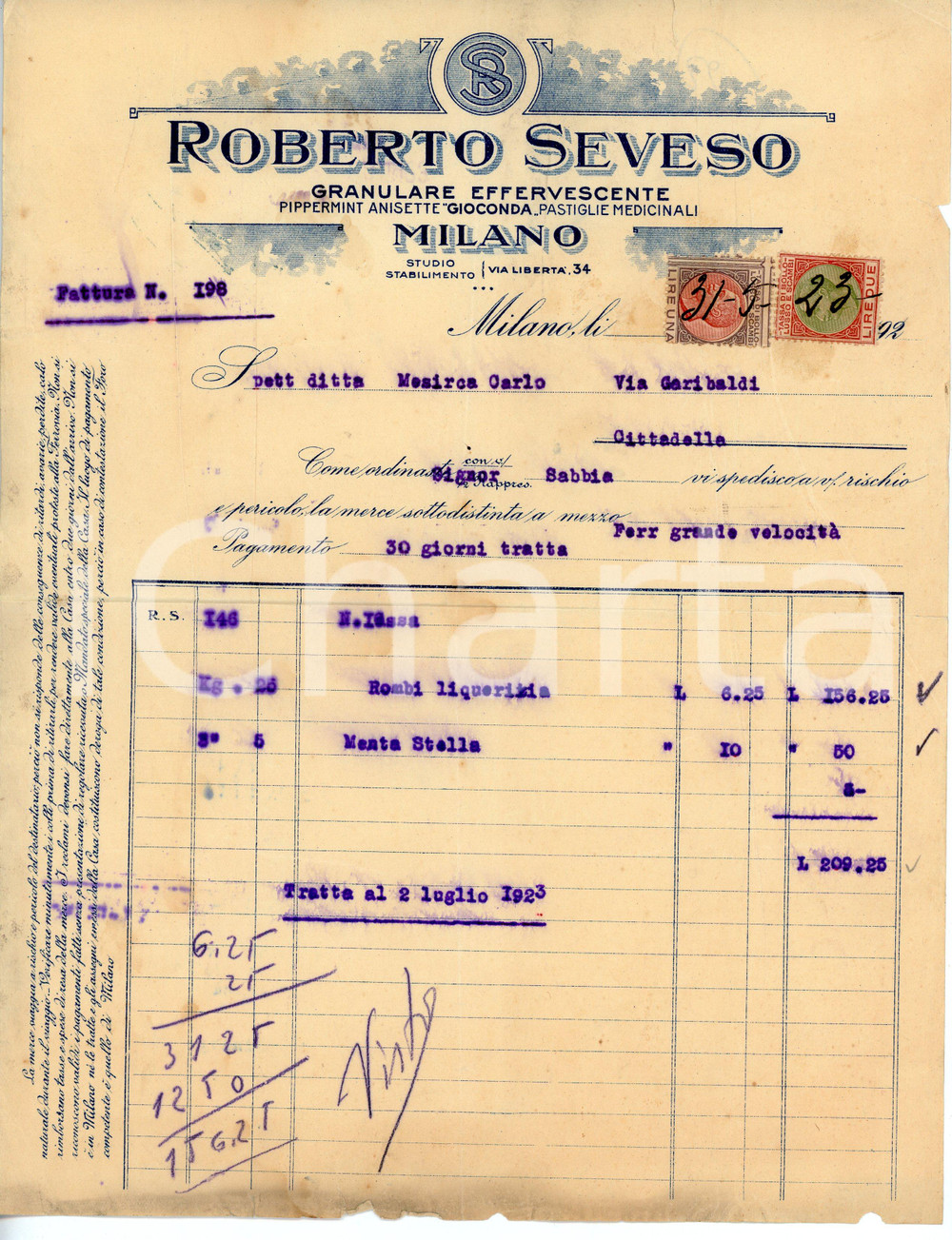 Oggetto da collezione cartaceo 1923 MILANO Anisette Roberto SEVESO Fattura per liquirizia e MENTA STELLA 1
