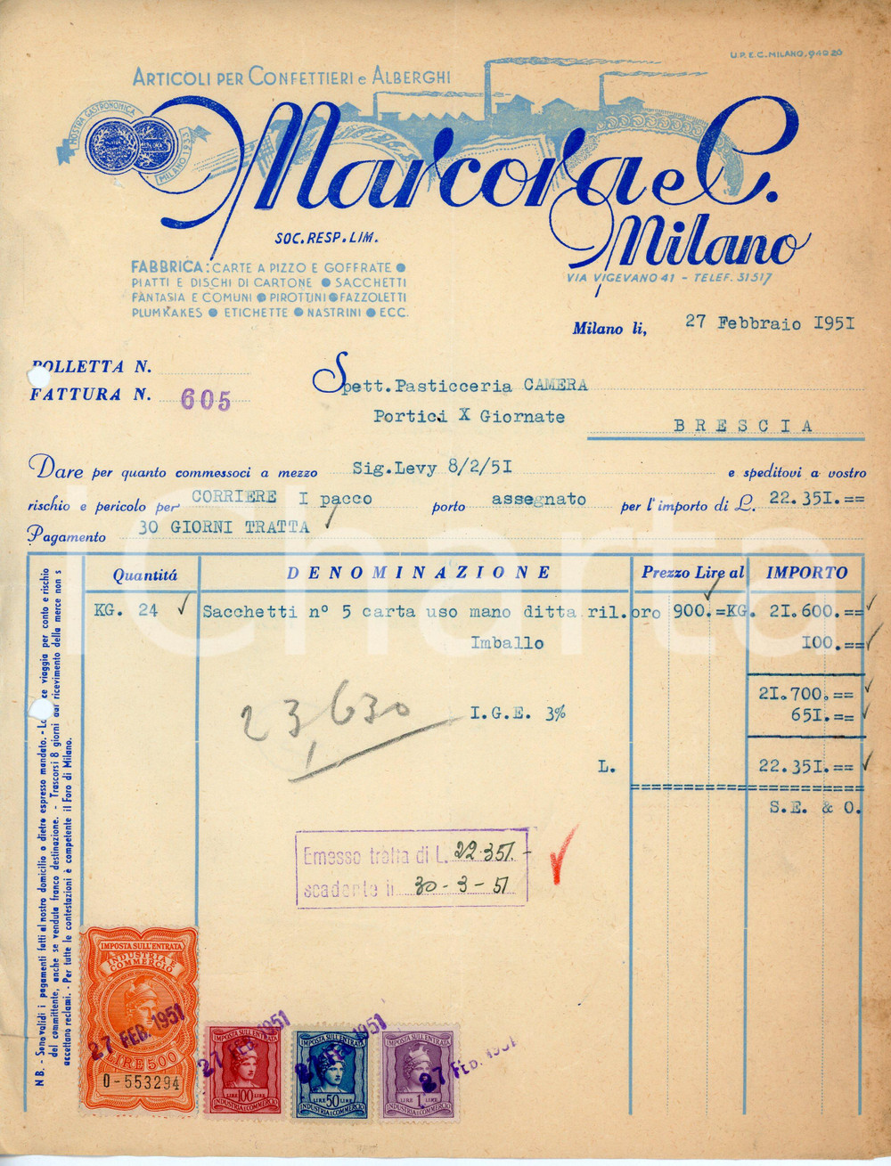 Oggetto da collezione cartaceo 1951 MILANO Fabbrica sacchetti MARCORA Fattura per Pasticceria CAMERA di BRESCIA 1
