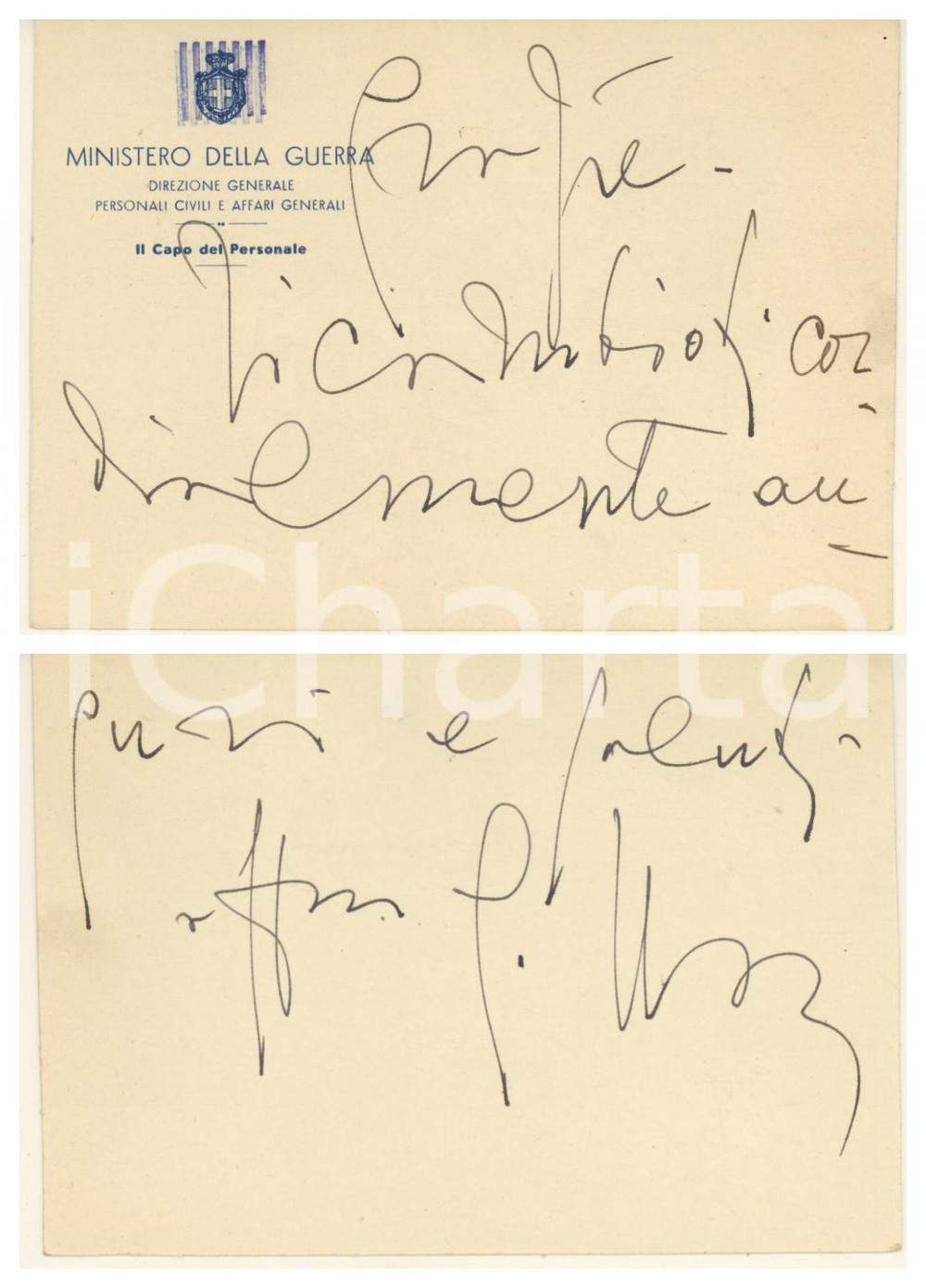 Oggetto da collezione cartaceo 1940 ca MINISTERO GUERRA Direzione Personali Civili  Biglietto capo personale 1