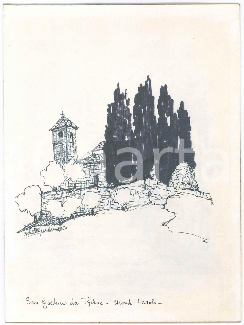 Opera d’arte autentica 1970 MONTE FASOLO Achille GAMBERINI  Oratorio di San Gaetano da Thiene Disegno 1